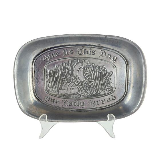 Vintage Duratale Leonard Pewter Bread Tray Give Us This Day Religious Decor - Picture 2 of 10